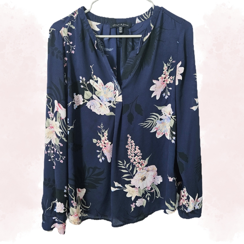Jasmine & Juliana Sheer Floral Navy Women's Top - M